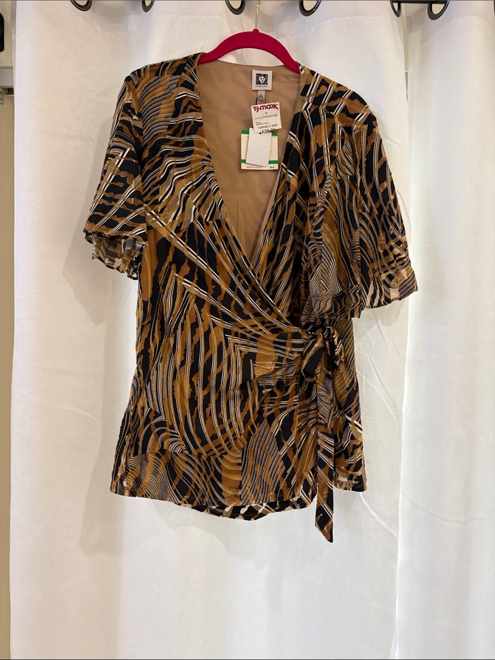 Anne Klein Black and Brown Abstract Wrap Blouse